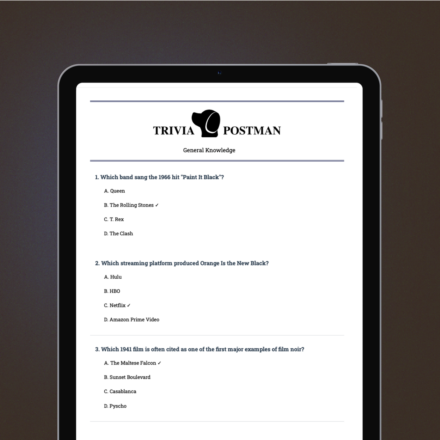 Black Edition - General Knowledge Trivia Quiz - 20 questions - Instant Download