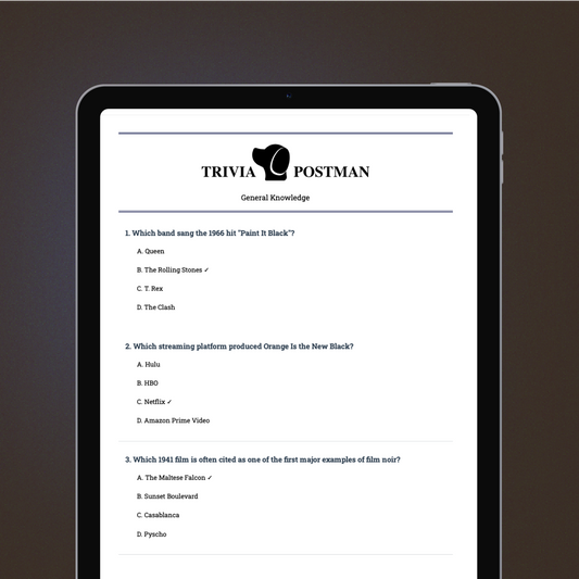 Black Edition - General Knowledge Trivia Quiz - 20 questions - Instant Download